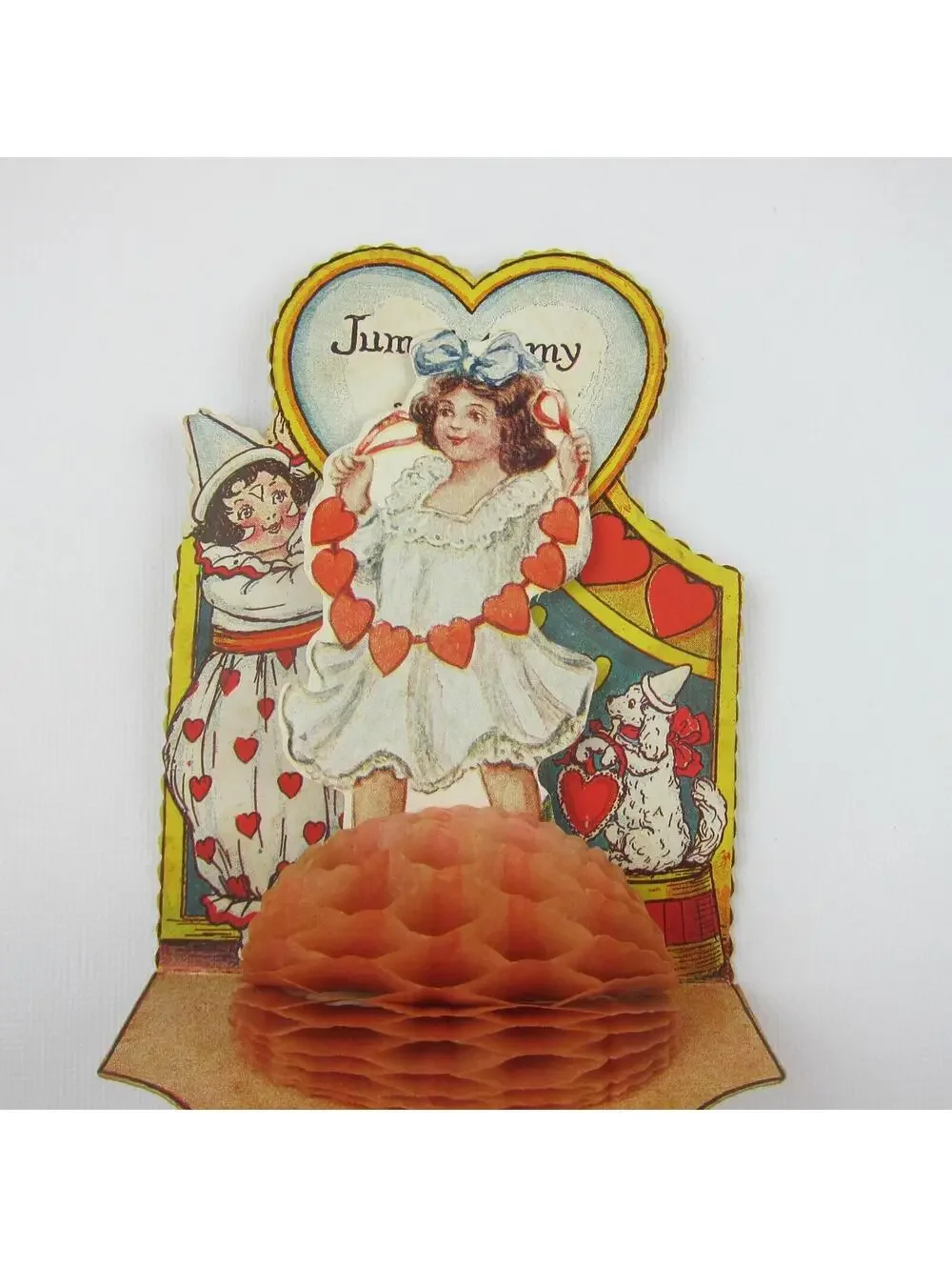 Antique Valentine Honeycomb 3D Pop Up Diecut Girl Boy Clown White Dog Fish Heart